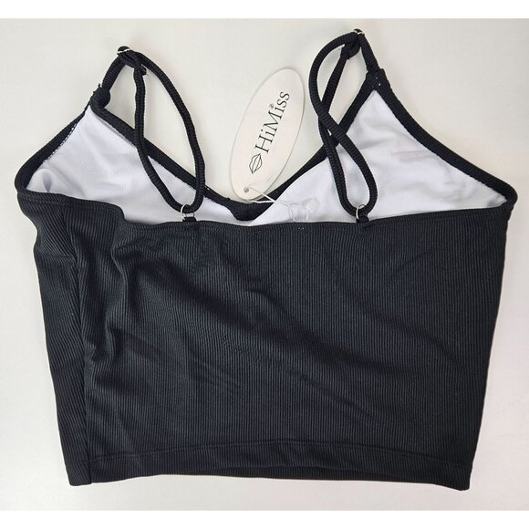 Black Ribbed Two-Piece Bikini Strappy Top & High-Waist Bottoms Womens Size M - Picture 4 of 8